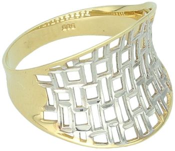 Ażurowy pierścionek damski złoty próby 585 z dodatkiem białego złota. Model P 2459, waga 1,93 g, rozmiar 14. Szerokość góry 1,5 cm, szyna dolna 3 mm. Idealny na prezent lub elegancką okazję.2.jpg